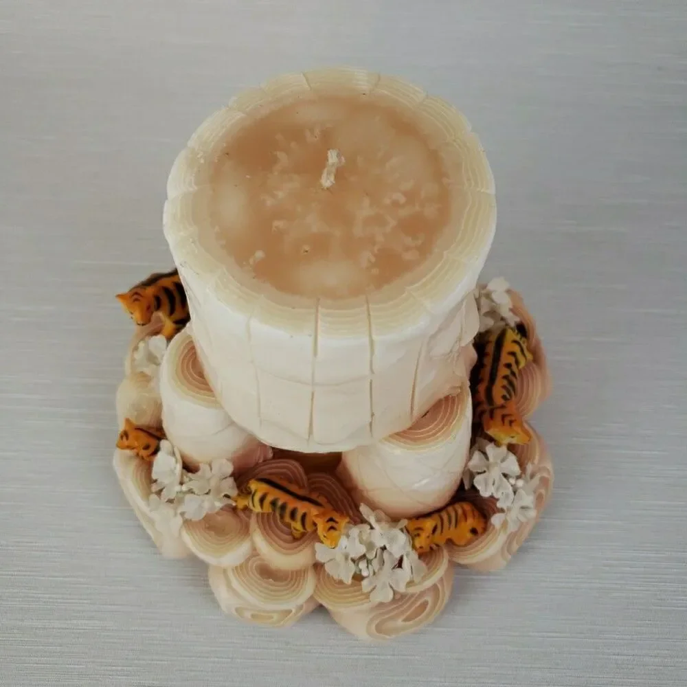 VTG Carved Tree Stump Pillar Candle Plastic Tiger Figurines Sculpted Garden MCM